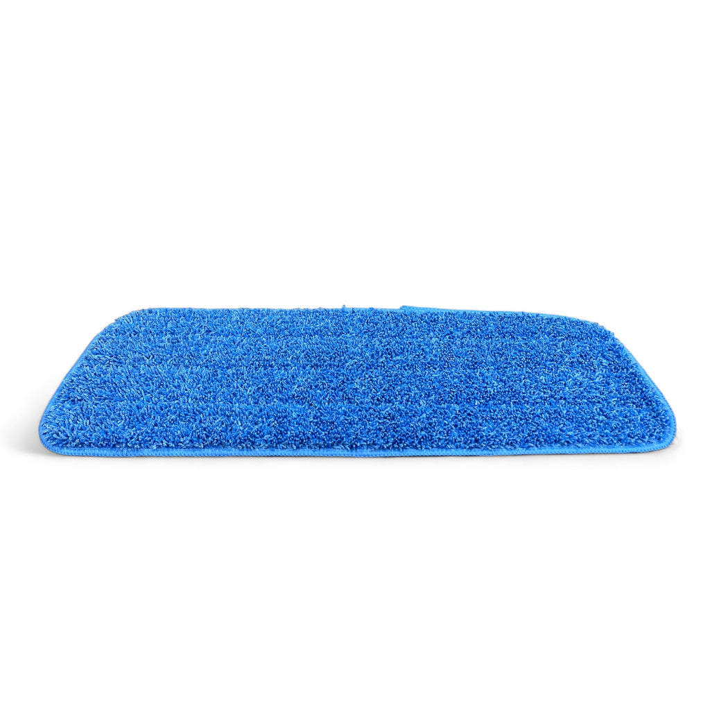 A 16-inch microfiber flat mop head in blue on a white background