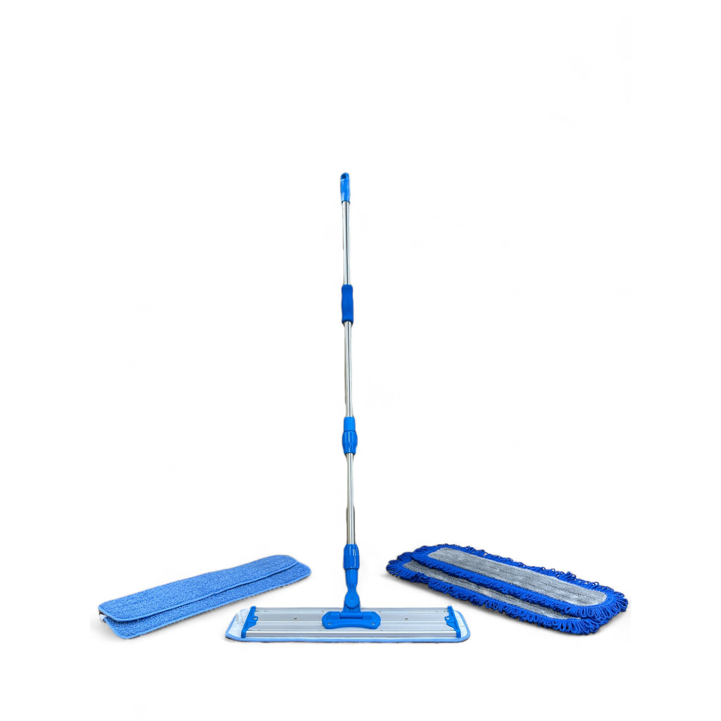 Complete set of blue microfiber flat mop with handle for floor cleaning