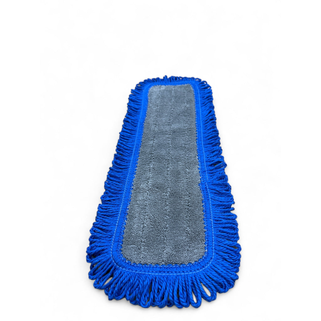 Close-up of an 18-inch blue microfiber dust mop head with fringe edges