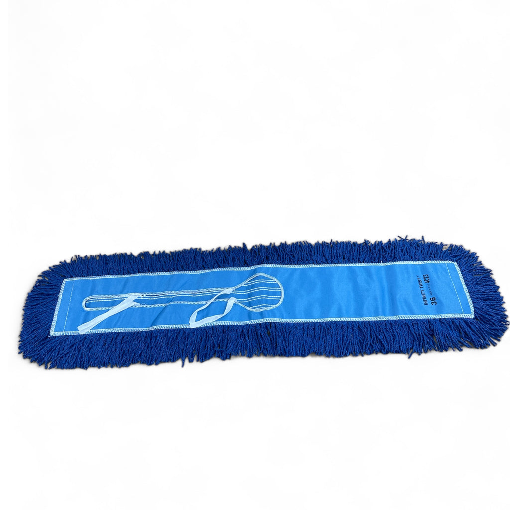 Synthetic dust mop head in blue with a 36-inch size on a white background
