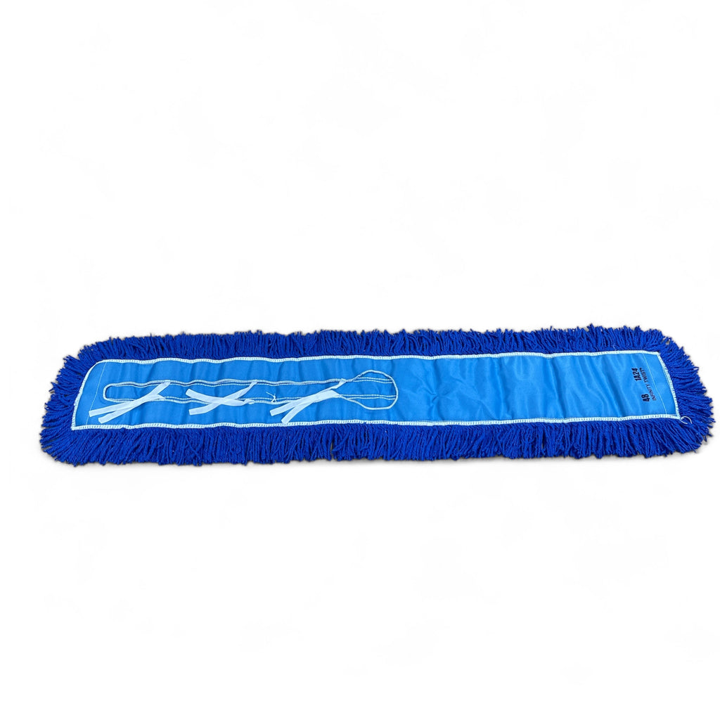 Synthetic dust mop head with blue fibers and a white stripe