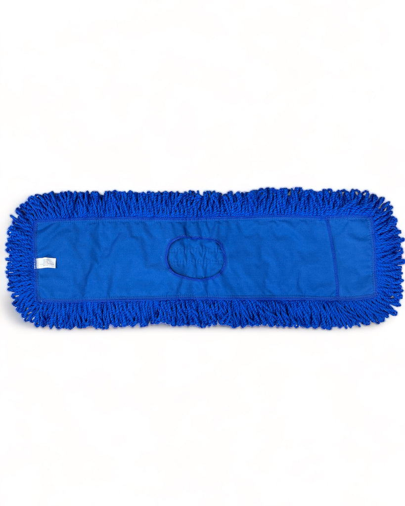 Close-up of blue microfiber dust mop head with textured cloth