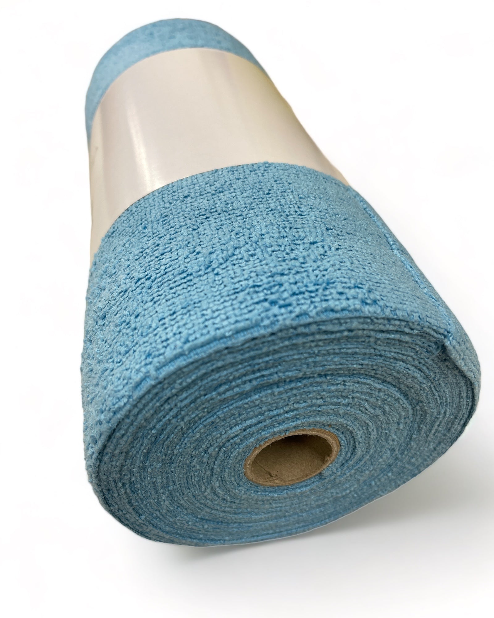 Blue microfiber cloth roll presented on a clean white surface