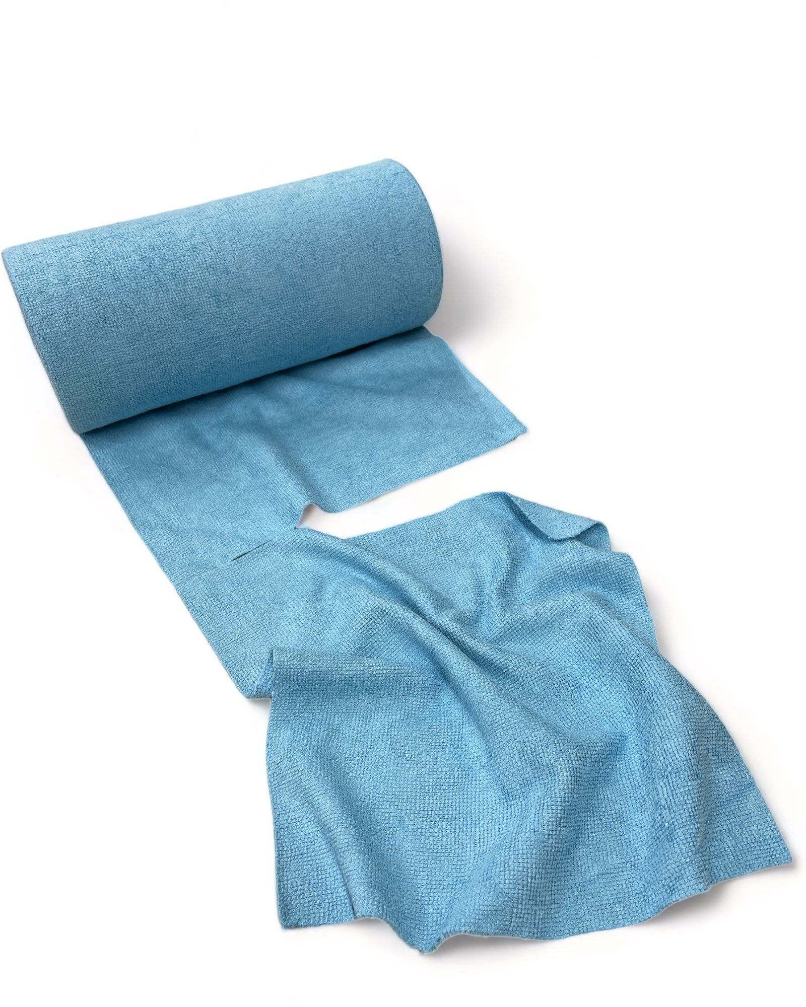 Packaged roll of blue microfiber cleaning cloths