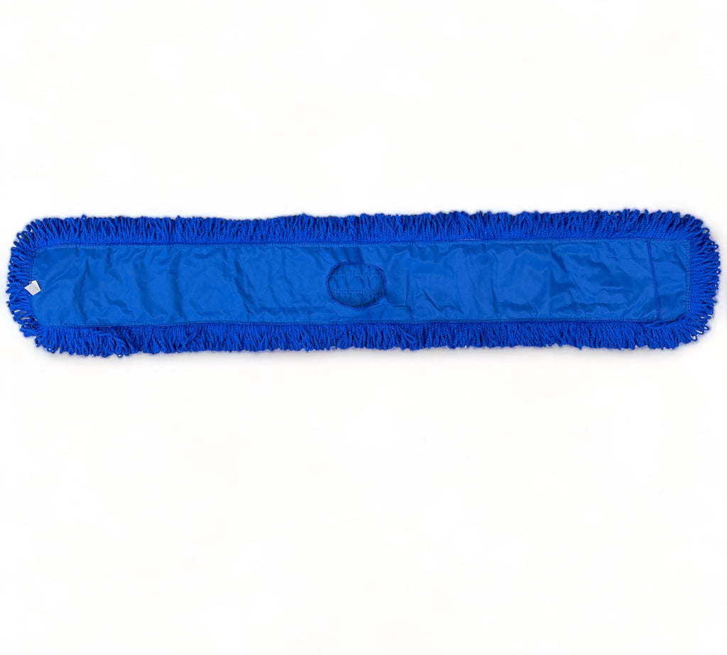 Microfiber dust mop head with blue fibers and compatible handle