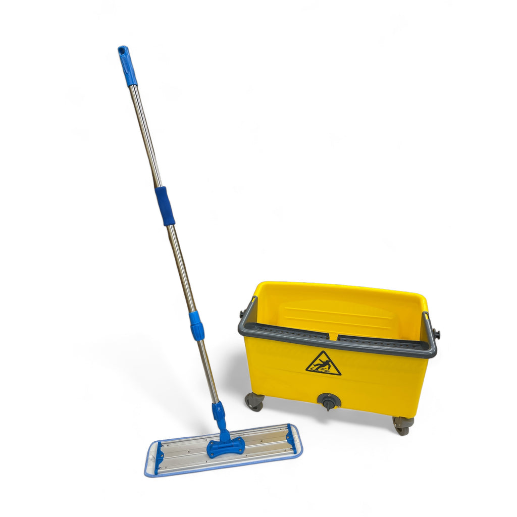 Microfiber flat mop with blue handle and matching yellow bucket