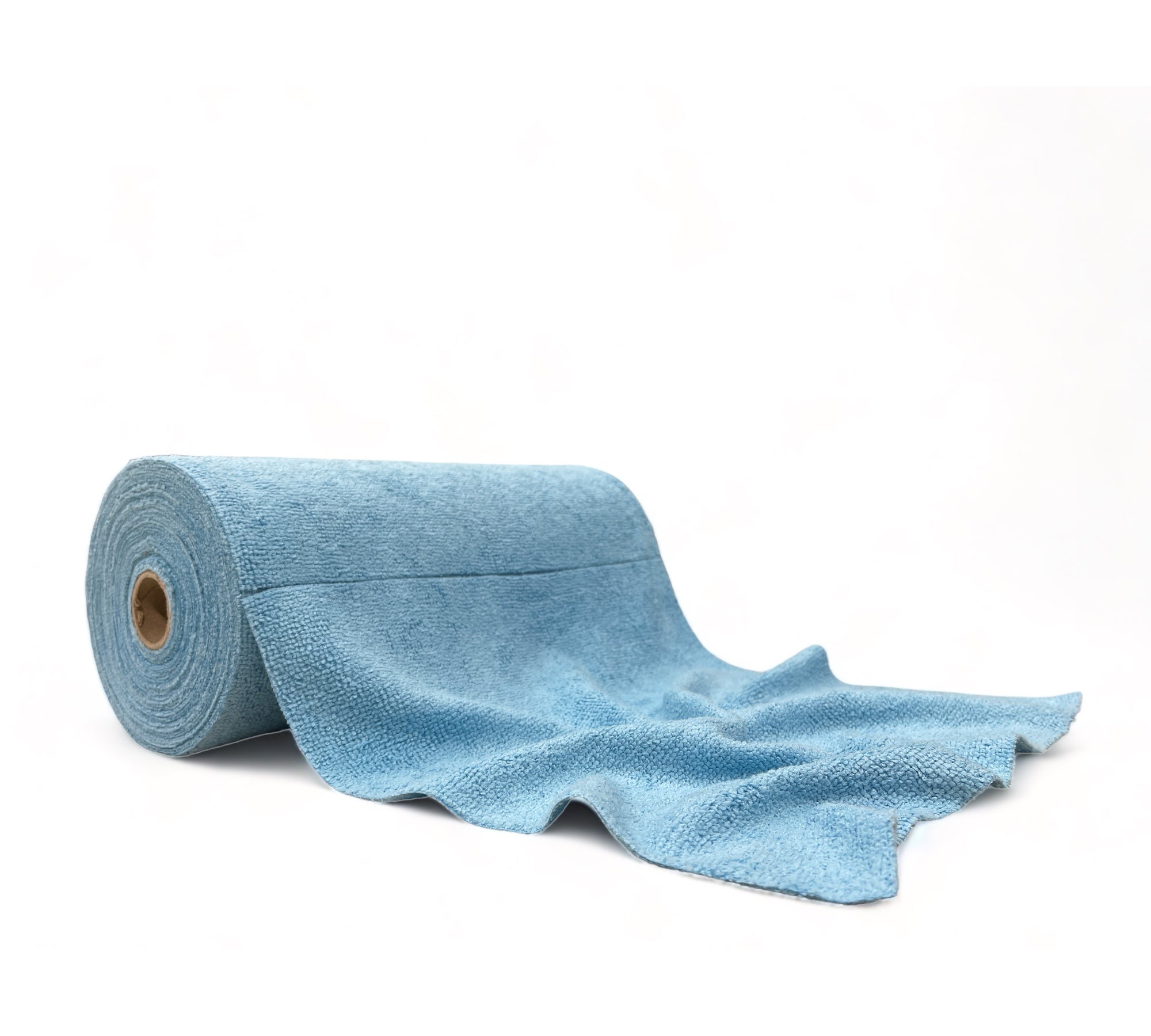 Roll of blue microfiber towels against a white backdrop