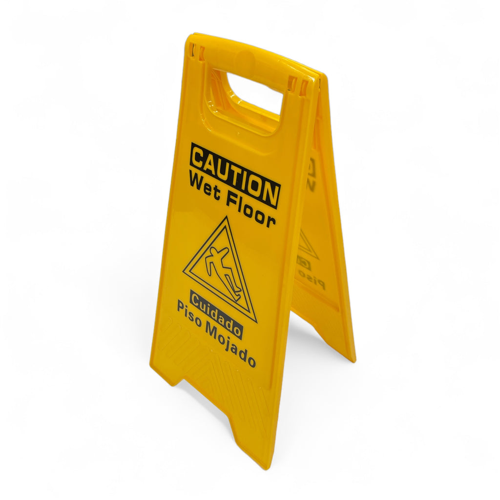 A-frame "Caution: Wet Floor" sign in yellow, displayed against a white backdrop
